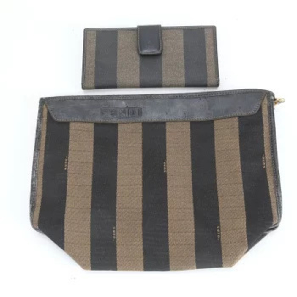 Fendi Pequin Leather Clutch Bag Long Wallet Handbag Shoulder Tote